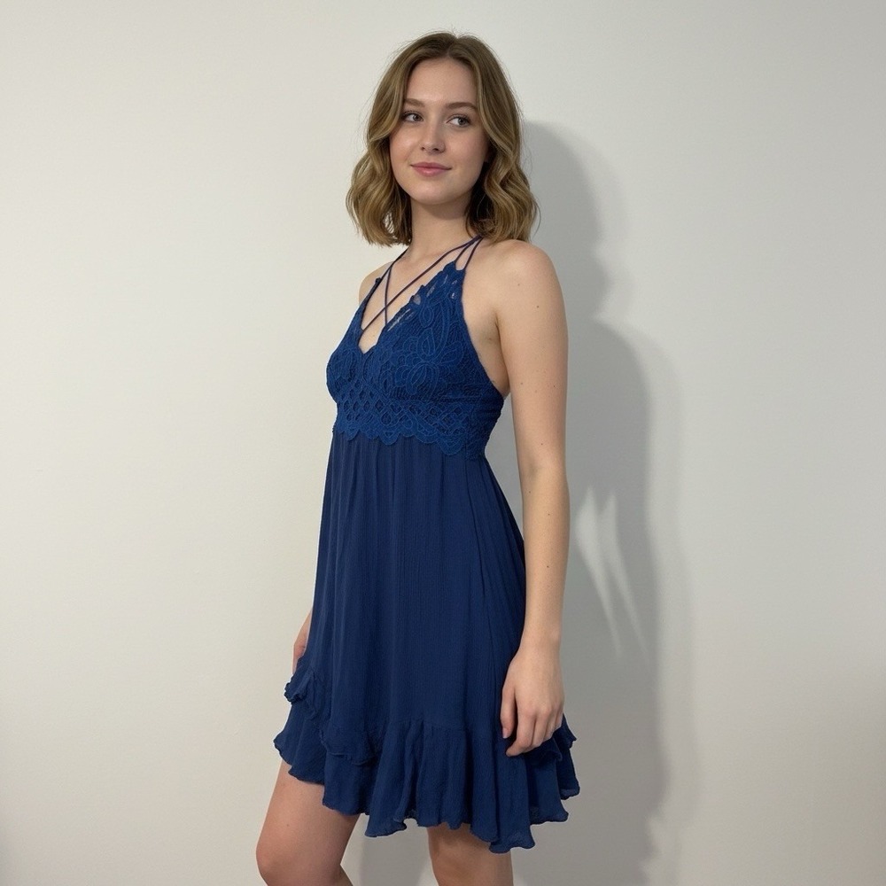 Free People Blue Lace Crochet Boho Mini Dress Women's M Flowy Strappy Festival